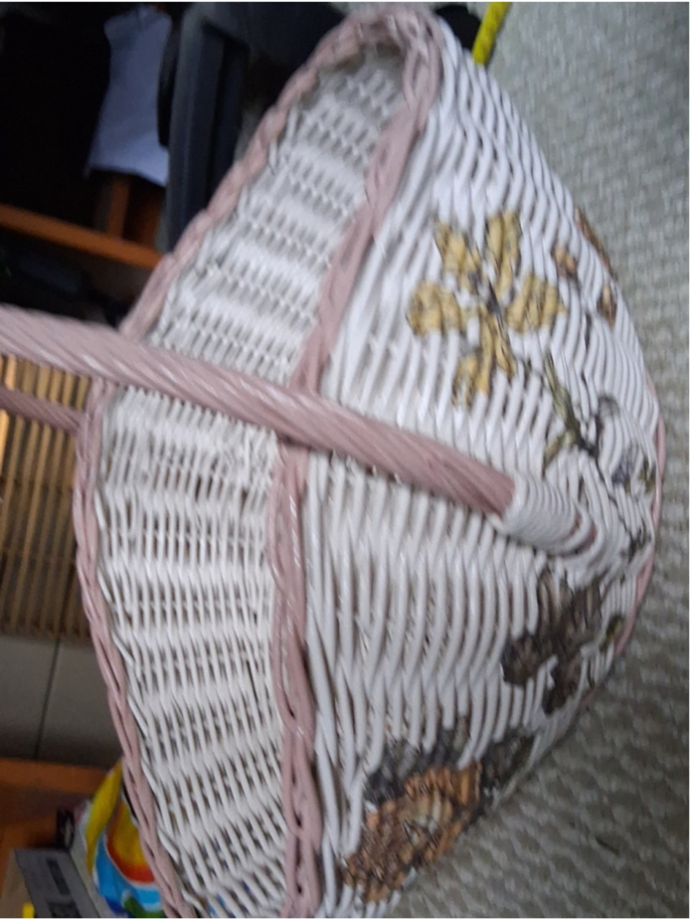 Vintage straw basket with Pink Trim and Floral Accents